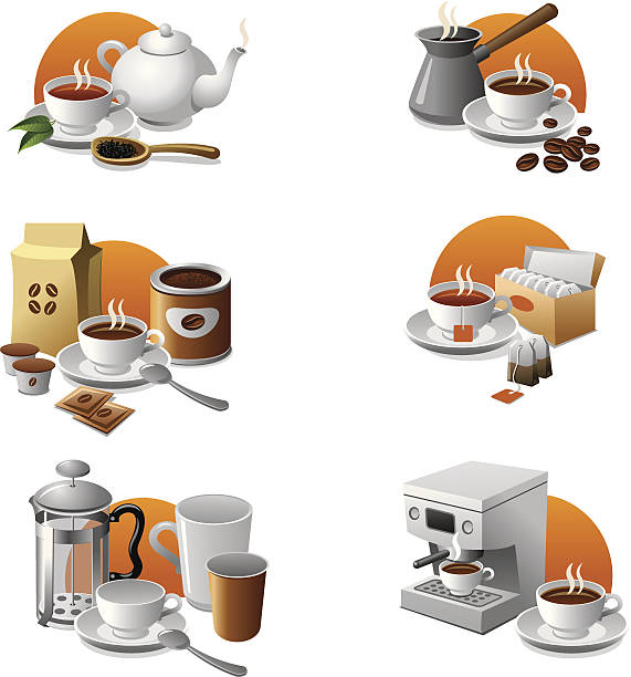 ilustrações, clipart, desenhos animados e ícones de conjunto de ícones de café e chá - coffee book instant coffee cappuccino