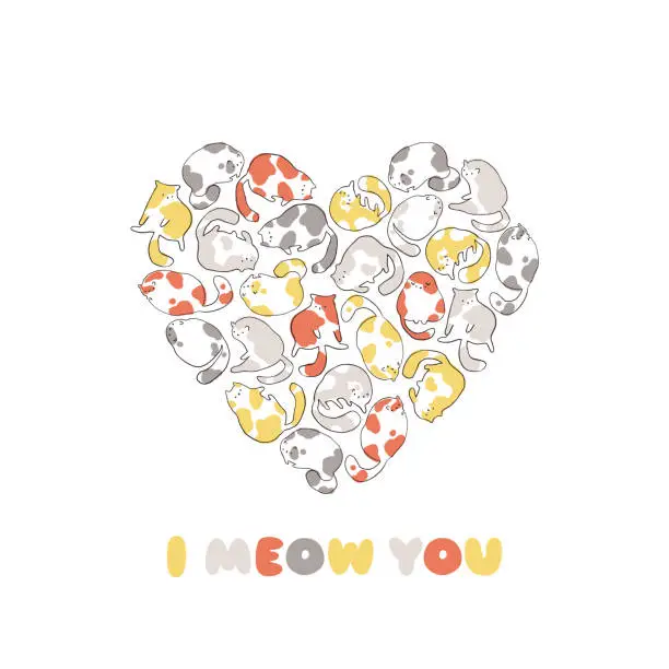 Vector illustration of Funny cats in the shape of a heart in sketch style with one line spots. Vector composition. I meow You. Hand-drawn cartoon animal in different poses. The limited pastel palette.