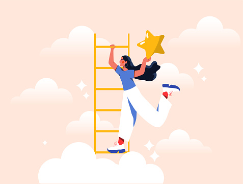 Woman with big achievements concept. Young girl with star at stair. Motivation and leadership, aspirations. Talented and successful employee or entrepreneur. Cartoon flat vector illustration