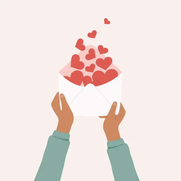 Vector illustration of Female hands holding letter with red hearts inside. Concept of self-love and care. Valentines day with hands holding love letter.