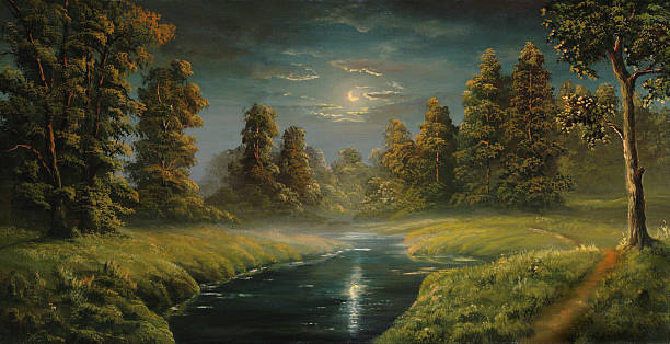 bildbanksillustrationer, clip art samt tecknat material och ikoner med painting of a stream and grass at night - moon forest