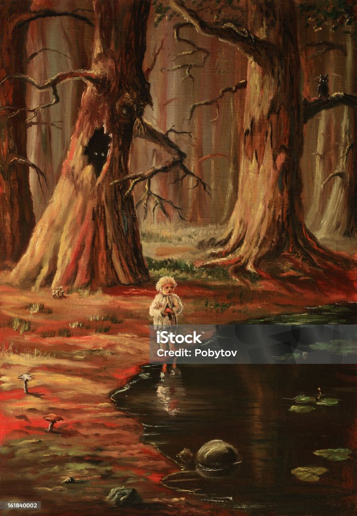 The lonely kid in a wood Painting. A canvas, oil. Spooky stock illustration