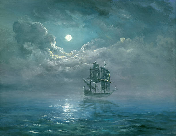 księżycowy morze - sea storm sailing ship night stock illustrations