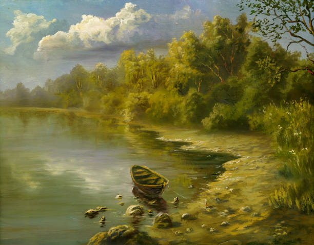 Boat on a coast of the river in summer midday. Painting. A canvas, oil.