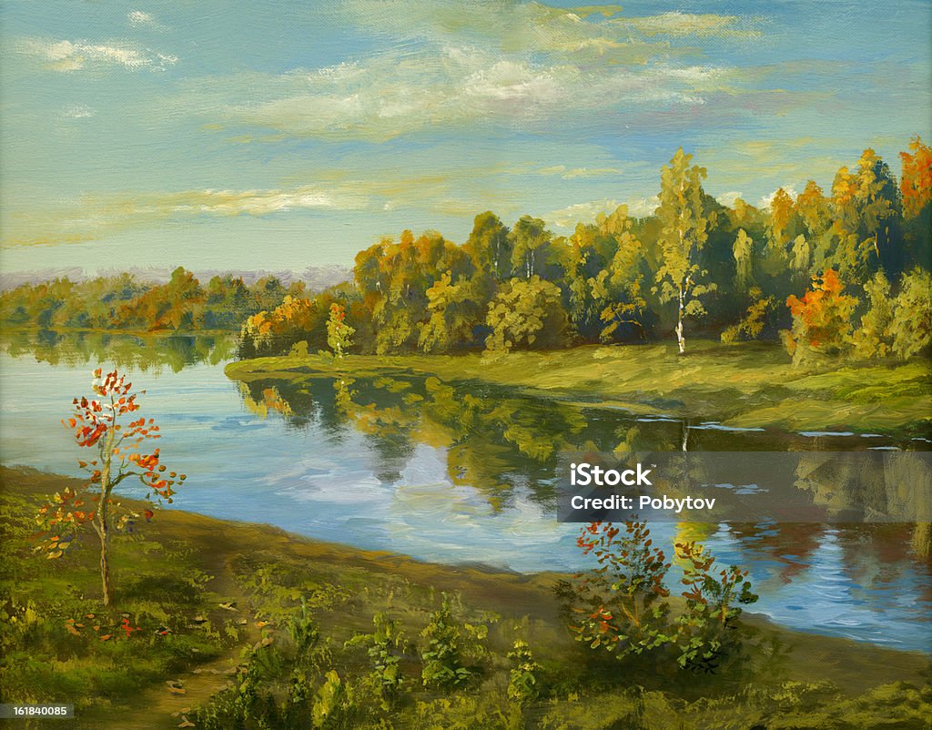 Touch of autumn Painting. A canvas, oil. River stock illustration