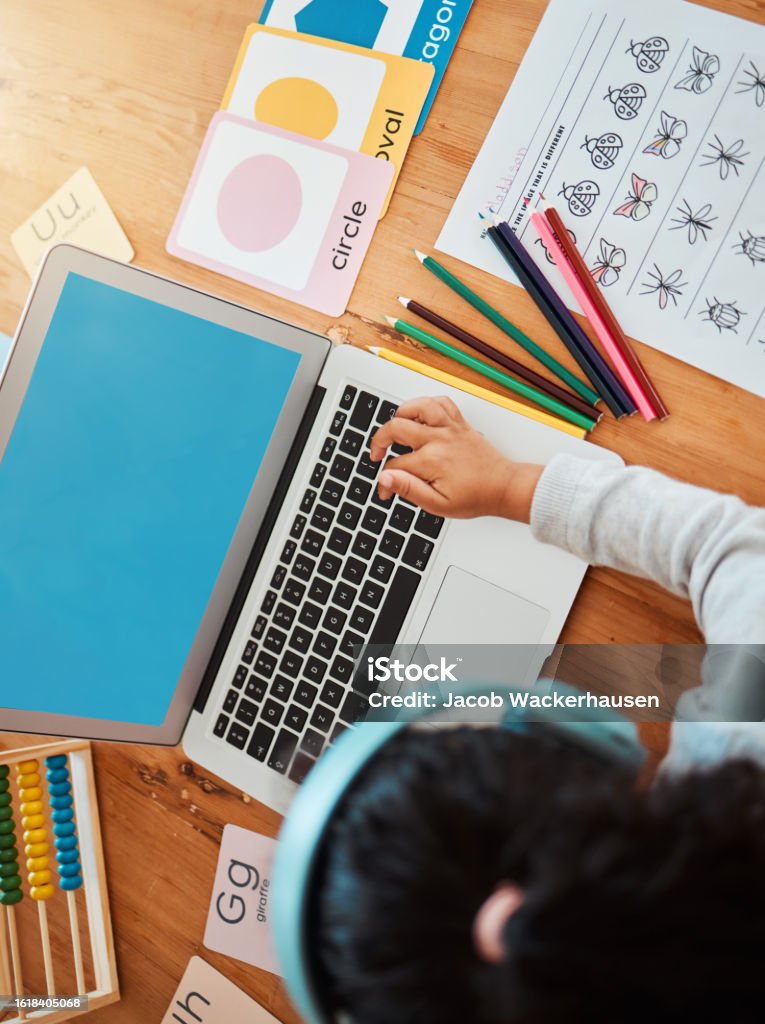 Computer Girl And Online Learning At Table In Home For Class Homework ...