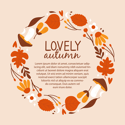 istock Autumn square banner template with autumnal frame of cute illustrations with leaves, berries, flowers, stars, hearts, seeds, mushrooms. Vector card design in flat cartoon style. Hello fall concept. 1618405918