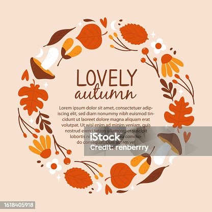 istock Autumn square banner template with autumnal frame of cute illustrations with leaves, berries, flowers, stars, hearts, seeds, mushrooms. Vector card design in flat cartoon style. Hello fall concept. 1618405918