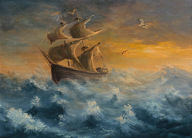istock Painting of old sailing ship in daylight and rough seas 161840635