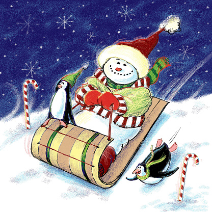 Watercolor painting of santa in his sleigh.