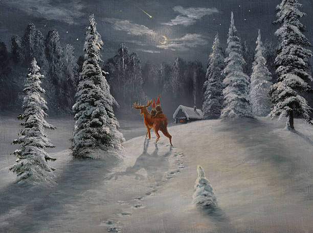 Travel on a deer Painting. A canvas, oil. fairy tale village stock illustrations