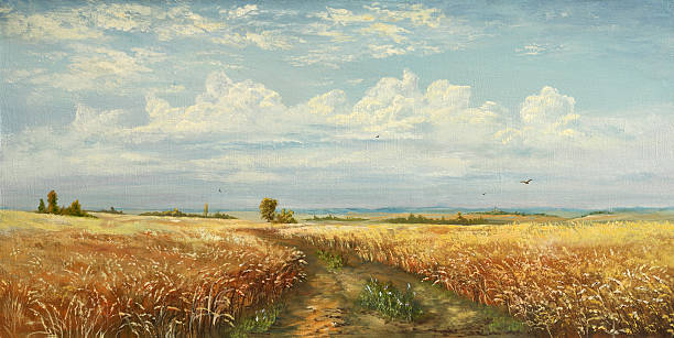 plant of wheat Painting. A canvas, oil. rural scene illustrations stock illustrations