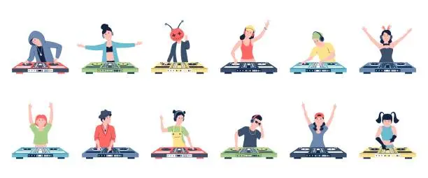 Vector illustration of Dj party characters. Woman musician working on electronic panel. Funky happy guy in headphones. Young male and female recent vector disco people