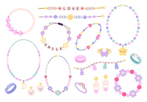 Hippy plastic beads, bracelets friendship. Diy bracelet and kids accessories. Craft handmade necklace, fashion children rings racy vector set of friendship handmade colorful design illustration