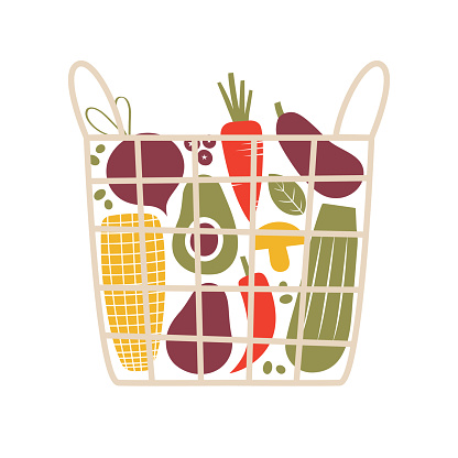 Basket with local vegetables, veggies. Vector illustration with fresh organic production, corn, carrot, avocado, zucchini, chili, eggplant, beet. Cartoon flat clip art.