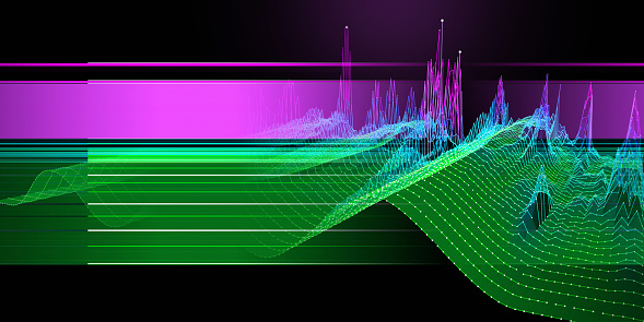 Abstract  background noisy graph curved in a sinusoid  on dark. Technology  graph with data grid in virtual space. Big Data. Banner for business, science and technology.