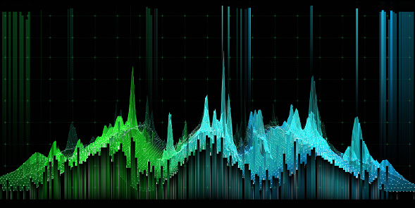 Abstract  background noisy graph curved in a sinusoid data with blurred lines on dark. Big Data. Technology  graph concept  in virtual space. Banner for business, science and technology.