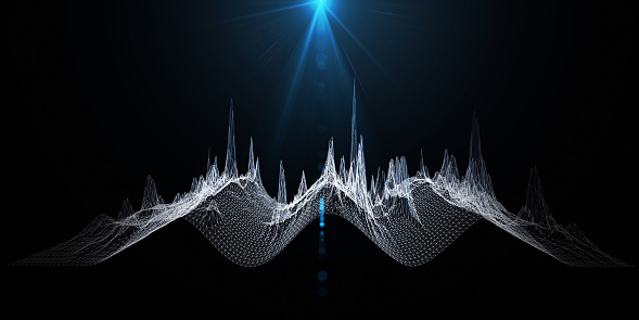 Abstract  background wireframe a sinusoid white  on black. Technology polygonaly with spot concept  in virtual space. Big Data. Banner for business, science and technology data analytics.