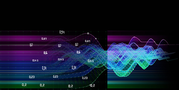 Abstract  background noisy graph curved in a sinusoid and data  on dark. Technology  graph with data  in virtual space. Big Data. Banner for business, science and technology.