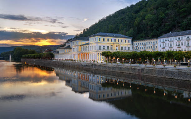 Bad Ems, Germany - August 11, 2023: Panoramic image of historic buildings of Bad Ems close to the Lahn river on August 11, 2023 in Rhineland-Palatinate, Germany