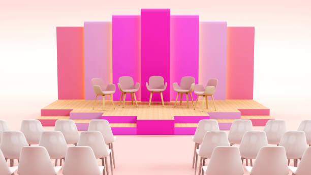 istock 3d rendering of pastel light stage and pink gradation backdrop with modern seats for events, talks, interview and presentation 1618422611