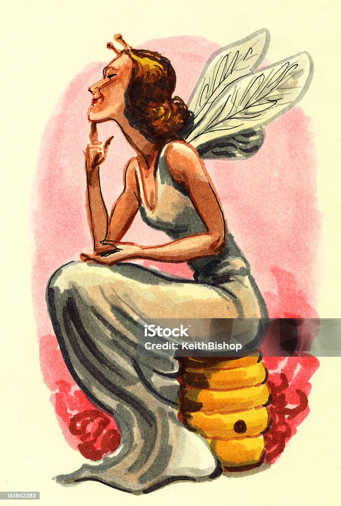 Mulher com asas de fada sentada na colmeia de abelhas - Royalty-free Asa de animal Ilustração de stock