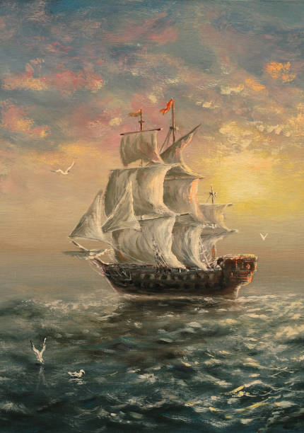 흰 돛 - sailing ship nautical vessel military ship brigantine stock illustrations