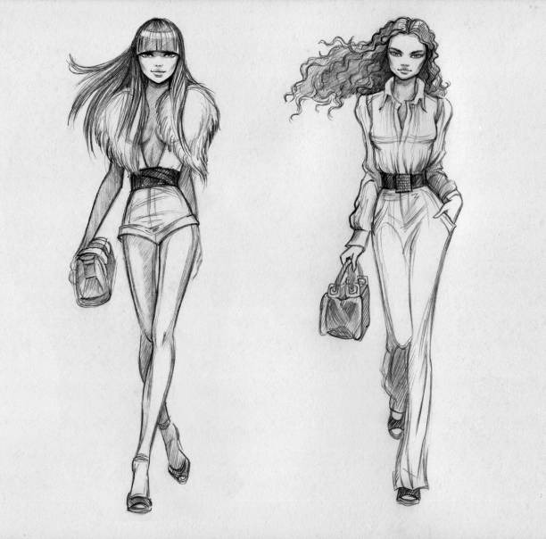 ilustrações, clipart, desenhos animados e ícones de modelos de moda (preto e branco - sex symbol female women cartoon