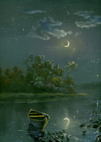 Boat on a coast at the star night, painting, created and painted by the photographer
