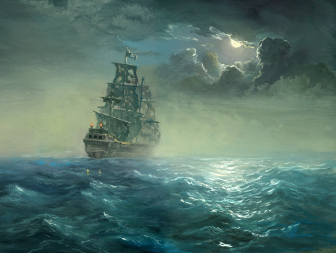 The night sea, sailing ship with the torn sails covered by moon light.Painting, canvas, oil, created and painted by the photographer.