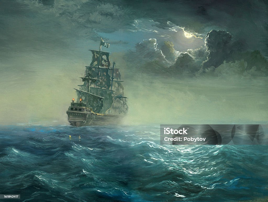 pirates The night sea, sailing ship with the torn sails covered by moon light.Painting, canvas, oil, created and painted by the photographer. Tall Ship stock illustration