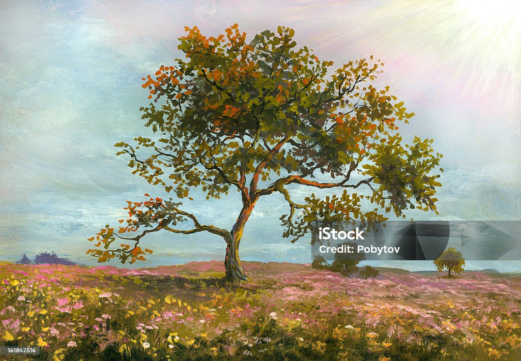 Albero su un prato in fiore - Illustrazione stock royalty-free di Fiore