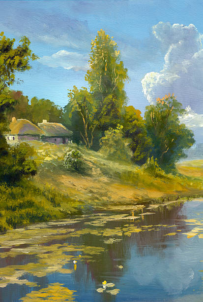 summer village Painting. A canvas, oil. house landscaped beauty in nature horizon over land stock illustrations