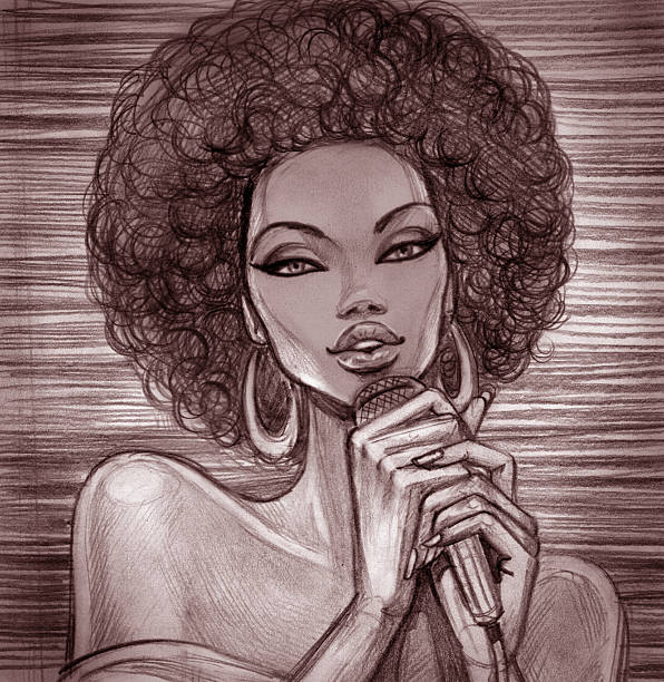 A pencil sketch of a female singer with an Afro vector art illustration