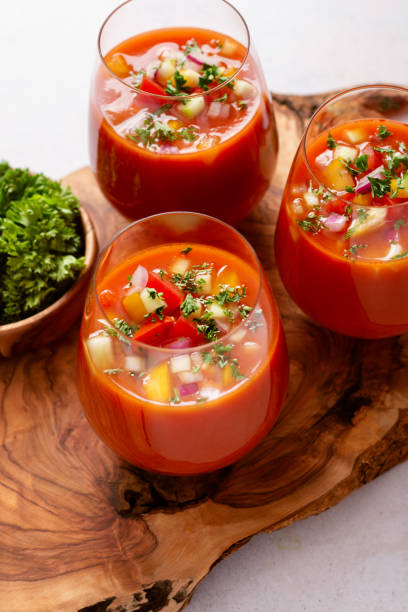 istock Spanish tomato gazpacho cold soup styled and decorated in glasses 1618426473