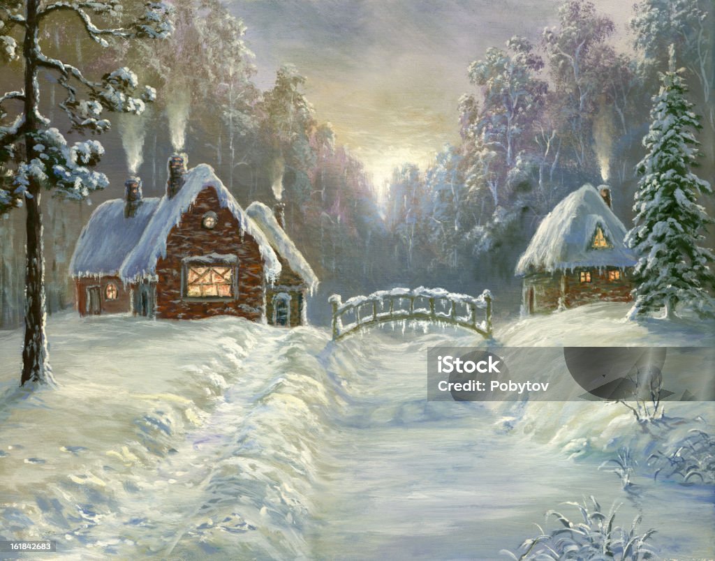 winter fairyland Painting. A canvas, oil. Christmas stock illustration