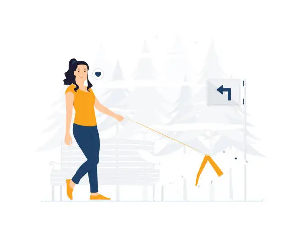 Vector illustration of Beautiful woman walks along the street with her dog on a leash at the park. cute pet puppy concept illustration