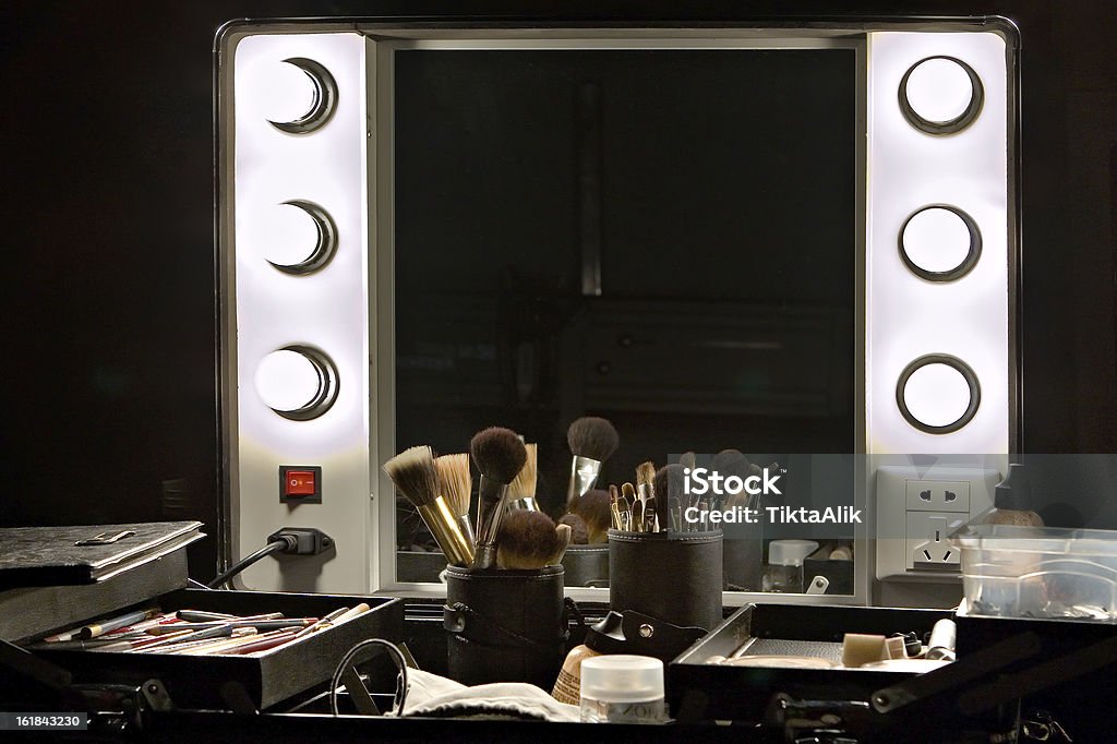 Backstage mirror and make up set Professional make up case with backstage mirror and make up tools and products. Backstage Stock Photo