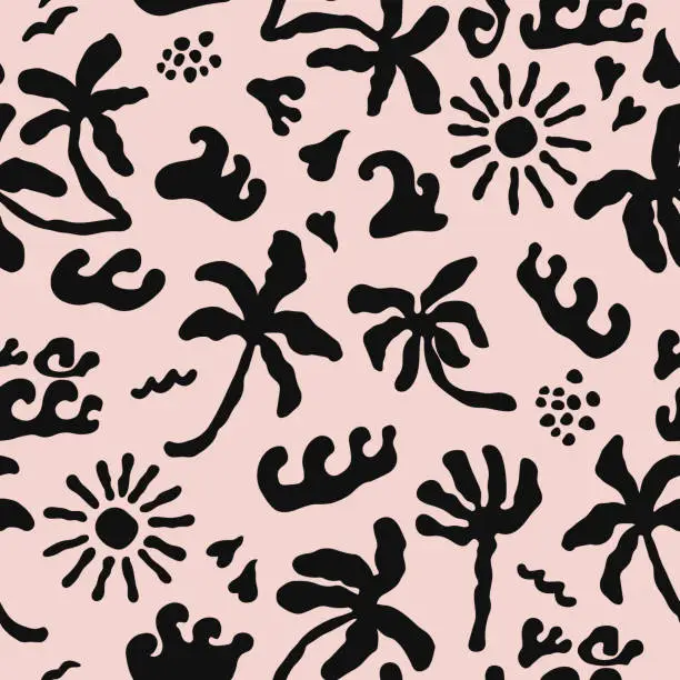 Vector illustration of Seamless summer background with hand drawn palms, waves, sun and tropical abstract shapes. Holiday monochrome pattern. Vector illustration