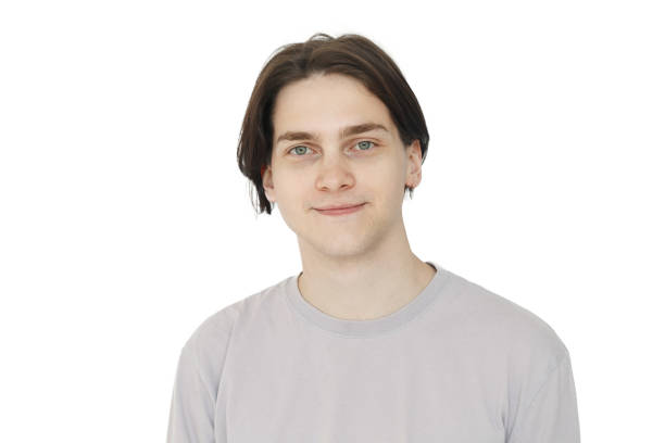 istock Cute smiling man with brown hair isolated on white background 1618435669