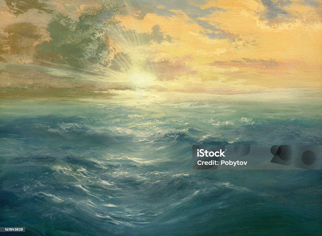 Oil painting of a sunset over the ocean Painting, canvas, oil, created and painted by the photographer. Sea stock illustration