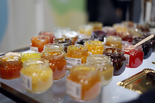 jam jars of all flavors and fruits