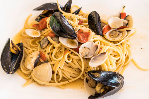 Plate of spaghetti with seafood\ntypical southern Italian food