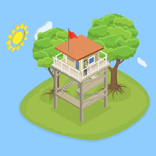3D Isometric Flat Vector Conceptual Illustration of Fire Watch Tower 3D Isometric Flat Vector Conceptual Illustration of Fire Watch Tower, Military Camp Post prison watch tower stock illustrations