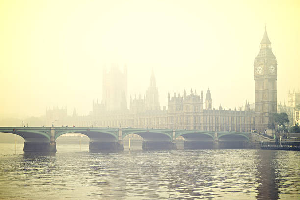 Foggy London Big Ben Westminster Bridge Thames  westminster bridge stock pictures, royalty-free photos & images