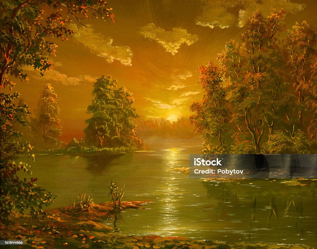 Orange sunset Painting, canvas, oil, created and painted by the photographer. Above stock illustration