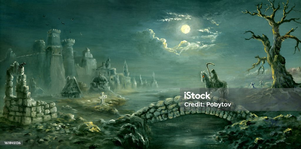Gothic Medieval night landscape with horseman - death Castle stock illustration