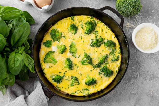 istock Omelette with broccoli, cheese and fresh basil on a dark cast iron pan on a gray concrete background. Healthy breakfast. 1618460515