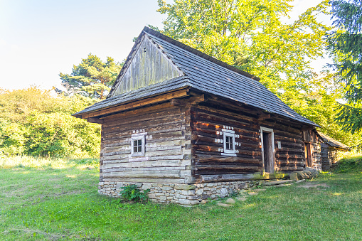 Martin, Slovakia - 08 10 2023: log cabin - traditional wooden house at Museum of the Slovak Village