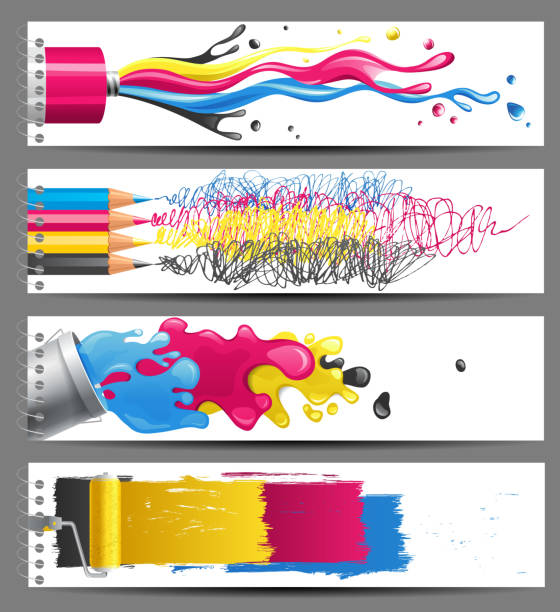 cmyk banery - spray paint cmyk palette paintbrush stock illustrations